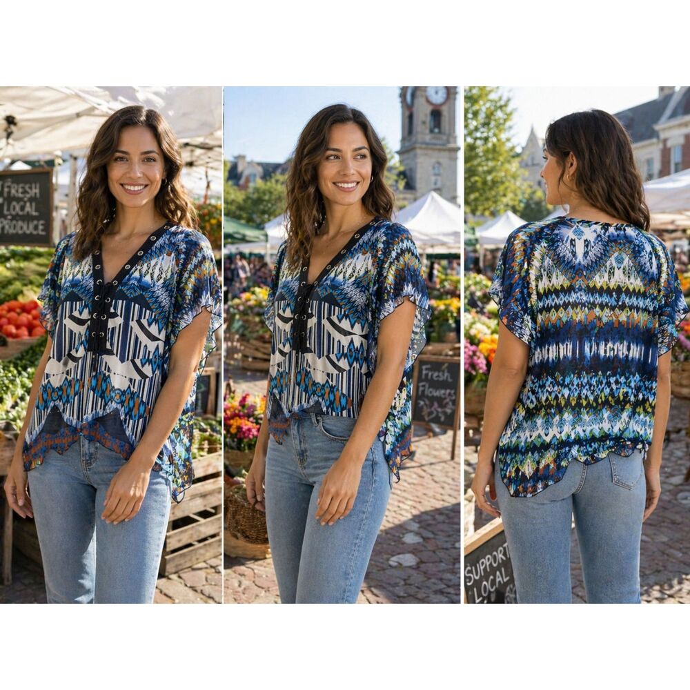 Reba Blue Orange Geometric Print‎ Lace Up Blouse Top Size Large